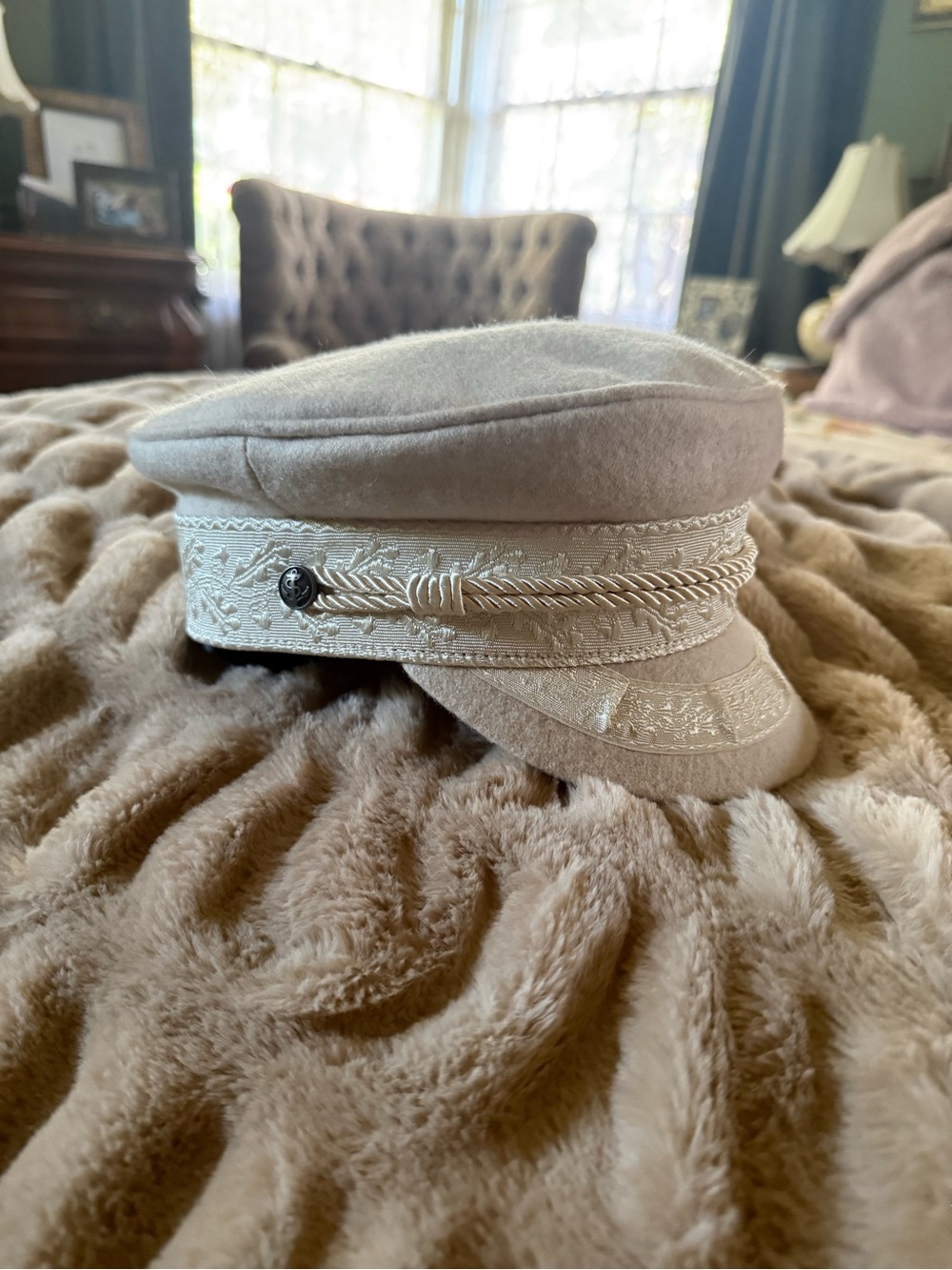 WYETH by Todd Magill Cream Embroidered Greek Fisherman’s Cap Like New Worn Once